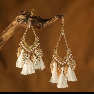 Retro Ethnic Style Long Tassel Earrings  Leaves Water Drop Antique Earrings